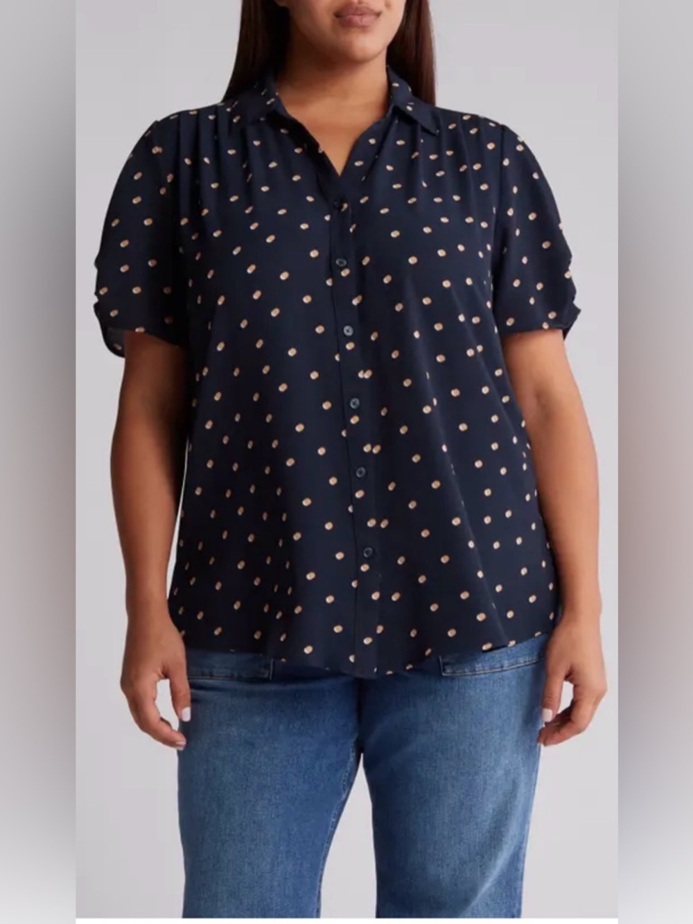 Adrianna Papell button-front top, navy blue color and double-dot Size L NWT